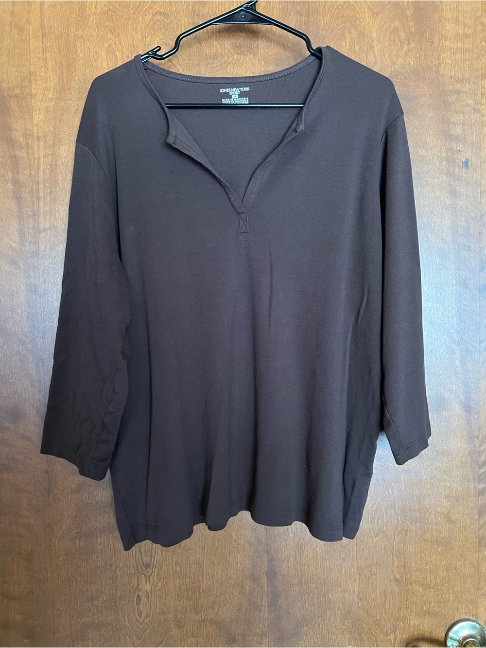 Jones New York Chocolate Brown Split V-Neck Long Sleeve Top